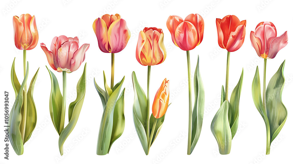 Set of beautiful red and yellow spring tulips on white background. Botanical vintage watercolor illustration. Spring composition for greeting cards, holidays Set of beautiful red and yellow spring tulips on white background. Botanical vintage watercolor illustration. Spring composition for greeting cards, holidays