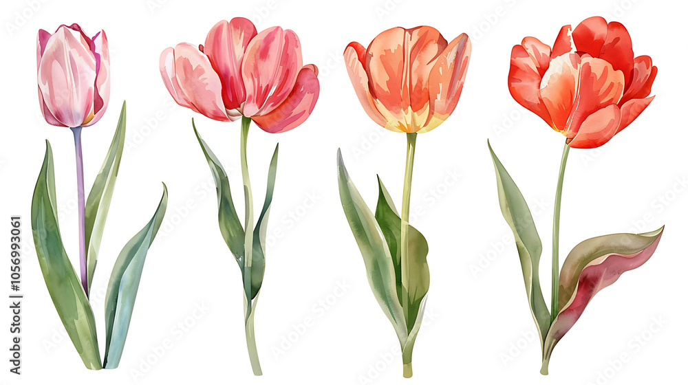 Set of beautiful red and yellow spring tulips on white background. Botanical vintage watercolor illustration. Spring composition for greeting cards, holidays Set of beautiful red and yellow spring tulips on white background. Botanical vintage watercolor illustration. Spring composition for greeting cards, holidays