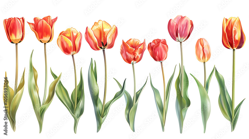 Set of beautiful red and yellow spring tulips on white background. Botanical vintage watercolor illustration. Spring composition for greeting cards, holidays Set of beautiful red and yellow spring tulips on white background. Botanical vintage watercolor illustration. Spring composition for greeting cards, holidays