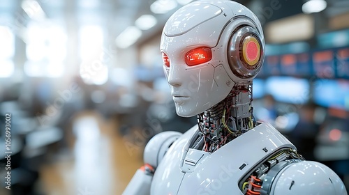 Futuristic robot with glowing red eyes in a high-tech environment representing advances in artificial intelligence technology