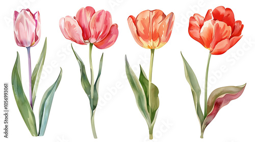 Set of beautiful red and yellow spring tulips on white background. Botanical vintage watercolor illustration. Spring composition for greeting cards, holidays 