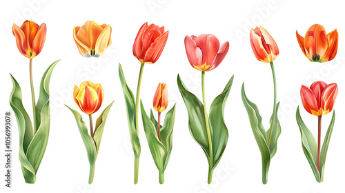 Wallpaper Mural Set of beautiful red and yellow spring tulips on white background. Botanical vintage watercolor illustration. Spring composition for greeting cards, holidays  Torontodigital.ca