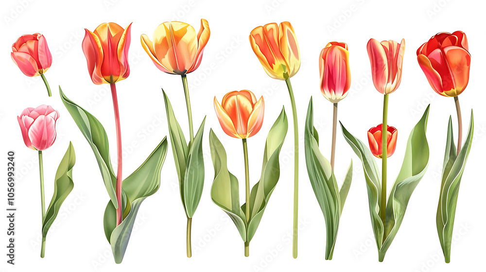 Set of beautiful red and orange spring tulips on white background. Botanical vintage watercolor illustration. Spring composition for greeting cards, holidays Set of beautiful red and orange spring tulips on white background. Botanical vintage watercolor illustration. Spring composition for greeting cards, holidays