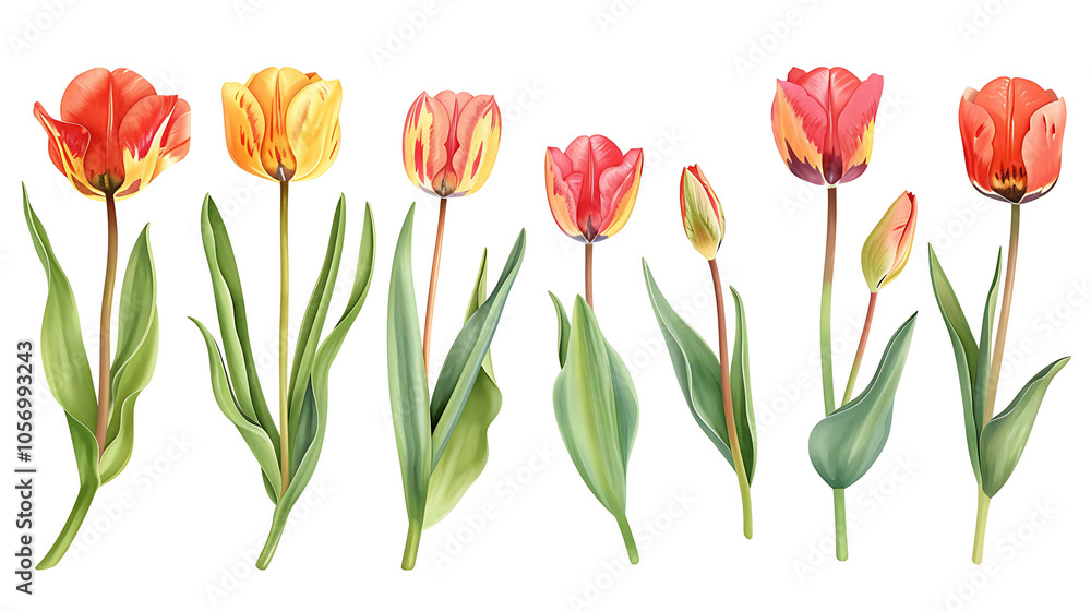 Set of beautiful red and orange spring tulips on white background. Botanical vintage watercolor illustration. Spring composition for greeting cards, holidays Set of beautiful red and orange spring tulips on white background. Botanical vintage watercolor illustration. Spring composition for greeting cards, holidays
