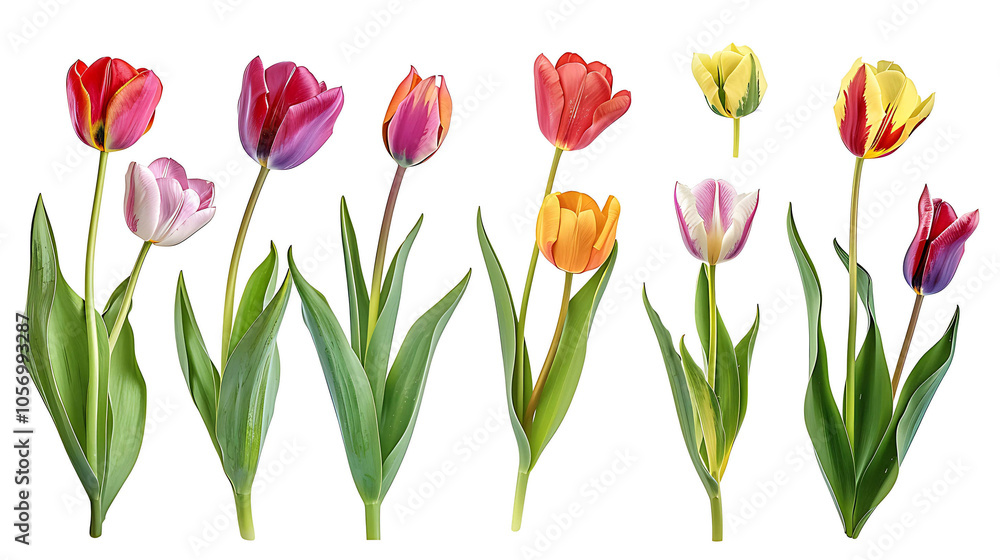 Set of beautiful red and orange spring tulips on white background. Botanical vintage watercolor illustration. Spring composition for greeting cards, holidays Set of beautiful red and orange spring tulips on white background. Botanical vintage watercolor illustration. Spring composition for greeting cards, holidays