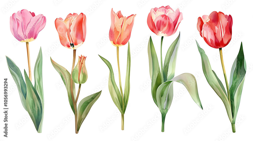 Set of beautiful red and orange spring tulips on white background. Botanical vintage watercolor illustration. Spring composition for greeting cards, holidays 