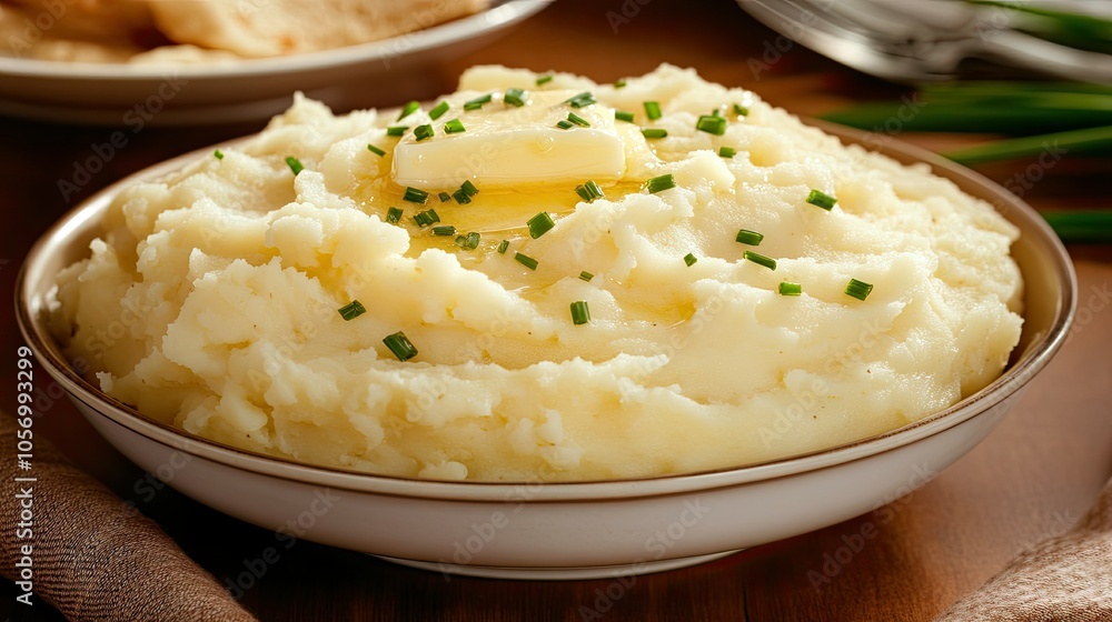 Bowl of mashed potatoes with melted butter and a sprinkle of fresh chives, presented in soft, cozy lighting. Bowl of mashed potatoes with melted butter and a sprinkle of fresh chives, presented in soft, cozy lighting.