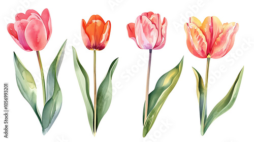 Set of beautiful red and orange spring tulips on white background. Botanical vintage watercolor illustration. Spring composition for greeting cards, holidays 