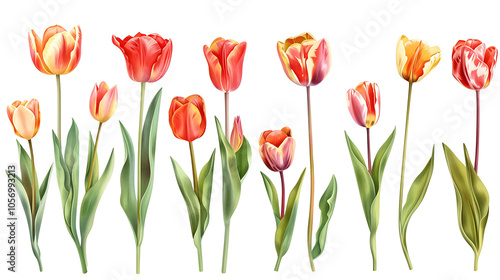 Wallpaper Mural Set of beautiful red and orange spring tulips on white background. Botanical vintage watercolor illustration. Spring composition for greeting cards, holidays  Torontodigital.ca