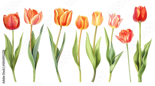 Wallpaper Mural Set of beautiful red and orange spring tulips on white background. Botanical vintage watercolor illustration. Spring composition for greeting cards, holidays  Torontodigital.ca