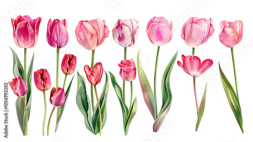 Set of beautiful red and purple spring tulips on white background. Botanical vintage watercolor illustration. Spring composition for greeting cards, holidays 