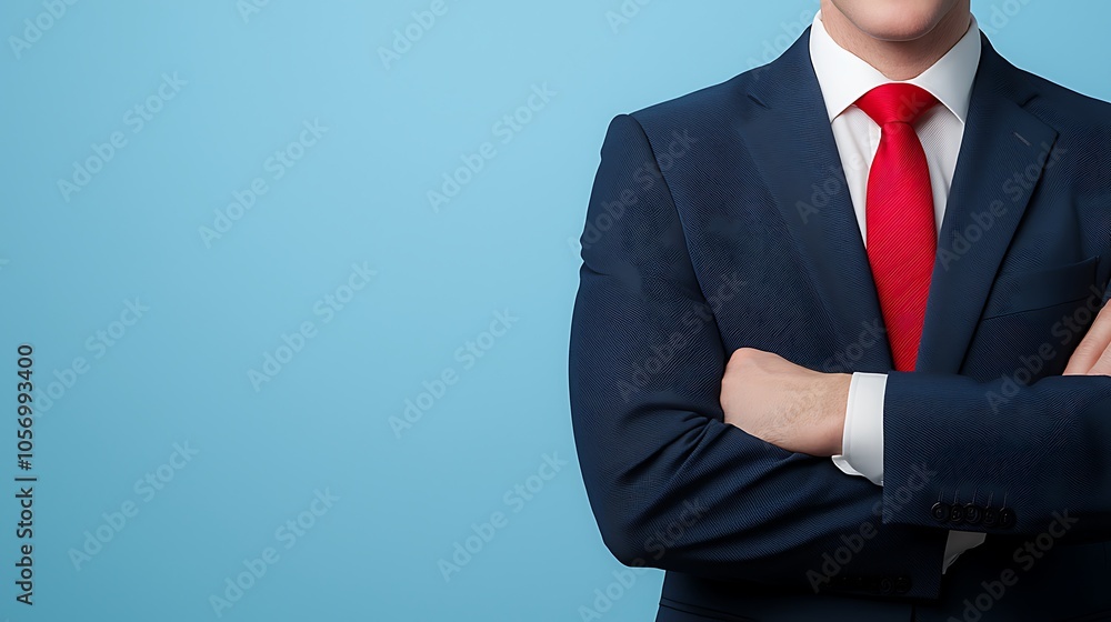 Confident businessman in formal suit with arms crossed representing success and professionalism against a light blue background Confident businessman in formal suit with arms crossed representing success and professionalism against a light blue background