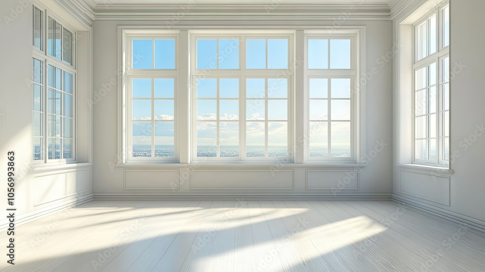 Bright, open room with sunlight flooding in through a wall-sized window, white walls and natural light creating a serene, airy feel. Bright, open room with sunlight flooding in through a wall-sized window, white walls and natural light creating a serene, airy feel.