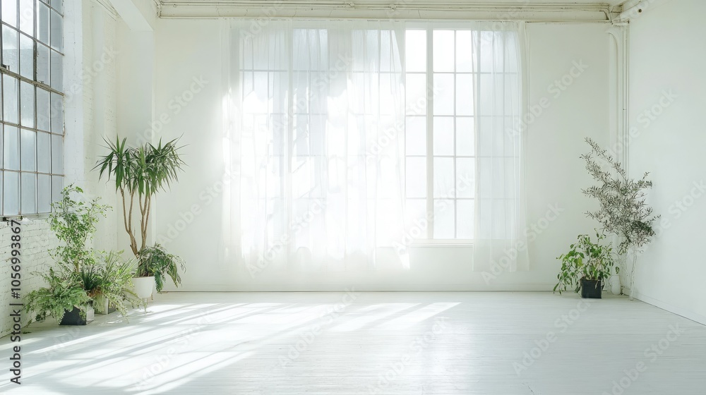 Bright, open room with sunlight flooding in through a wall-sized window, white walls and natural light creating a serene, airy feel. Bright, open room with sunlight flooding in through a wall-sized window, white walls and natural light creating a serene, airy feel.