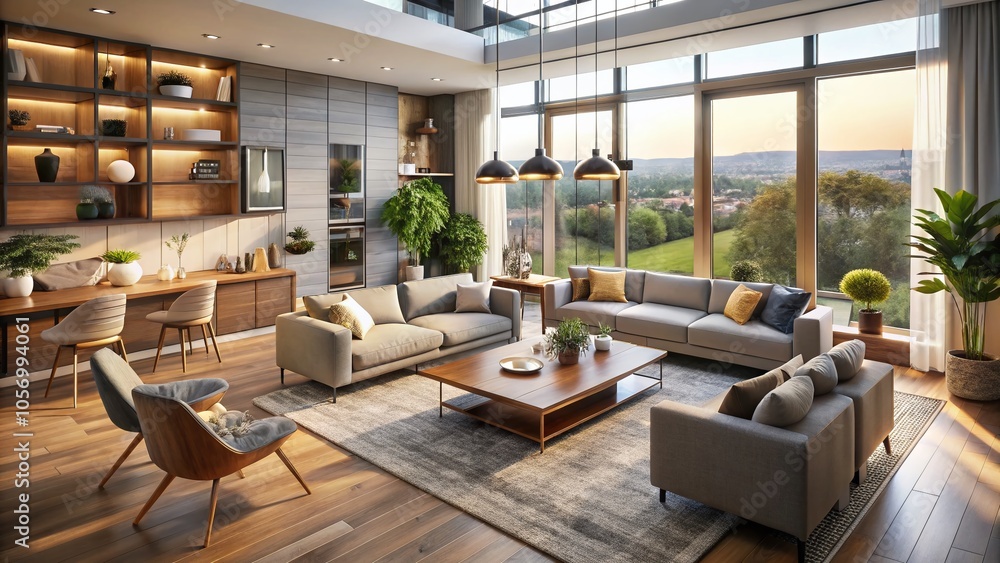 Fototapeta premium Aerial view of a stylish modern living space with a mock-up frame for artwork, showcasing contemporary design, spacious