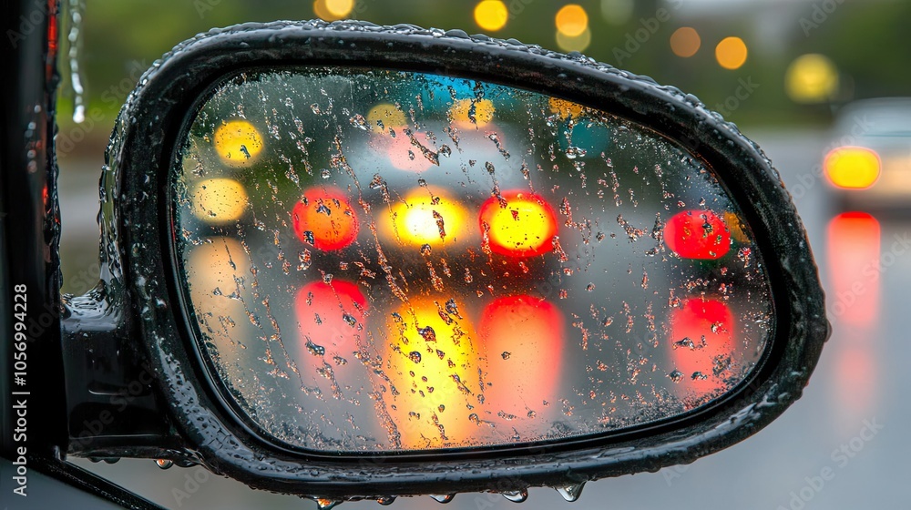 Car rearview mirror covered in rain, with reflections of passing cars, highlighting the moodiness of a rainy drive. Car rearview mirror covered in rain, with reflections of passing cars, highlighting the moodiness of a rainy drive.