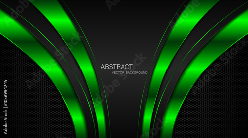 Abstract black and green curves with green lines on dark steel mesh background. with free space for design. modern technology innovation concept background	