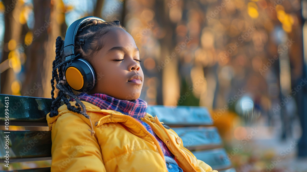 African American school girl with braided hair, sitting on city bench, eyes closed enjoying the rhythm through stylish headphones. Teenager enjoying listening to music. Copy paste empty place for text African American school girl with braided hair, sitting on city bench, eyes closed enjoying the rhythm through stylish headphones. Teenager enjoying listening to music. Copy paste empty place for text