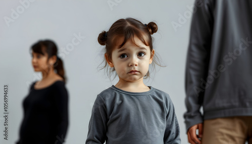 A little sad girl from a dysfunctional family stands with her dad isolated with white shades, png photo