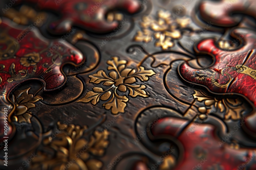 Intricate Wooden Jigsaw Puzzle with Ornate Floral Design, Close Up of Interlocking Pieces Creating a Beautiful Pattern, Fine Craftsmanship and Detailed Work, Vintage Style Puzzle with Rich Colors Intricate Wooden Jigsaw Puzzle with Ornate Floral Design, Close Up of Interlocking Pieces Creating a Beautiful Pattern, Fine Craftsmanship and Detailed Work, Vintage Style Puzzle with Rich Colors