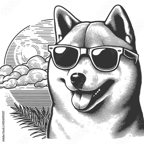 Cool Shiba Inu dog in sunglasses, stylish and confident personality with vintage flair sketch engraving generative ai vector illustration. Scratch board imitation. Black and white image.