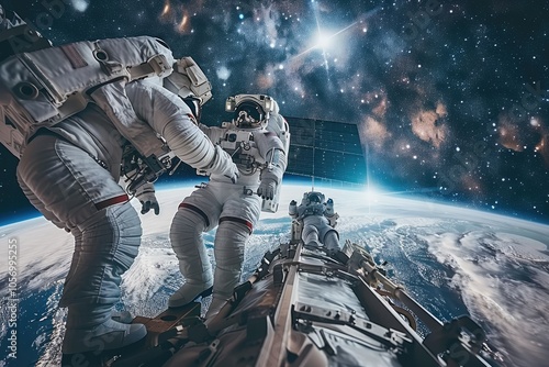 Three Astronauts Working Outside a Spacecraft, Earth in the Background