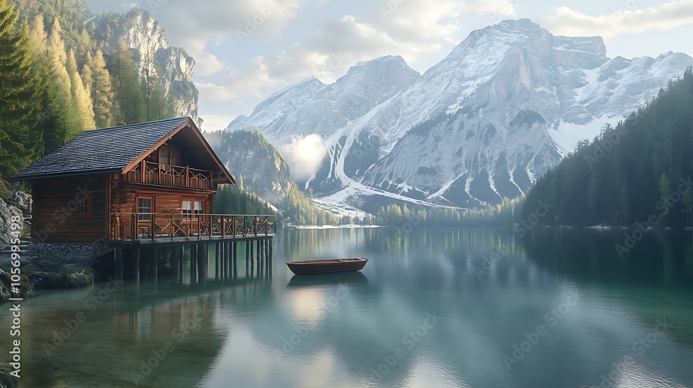 Fototapeta premium A cabin on a lake with a boat in the water