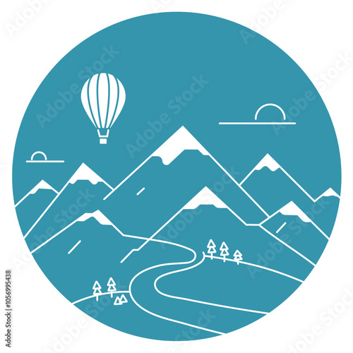 A panoramic view of mountains with a balloon floating in the sky. The minimalist style conveys the concept of adventure and travel.