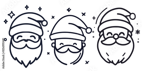 Three Santa Claus faces, line art style.