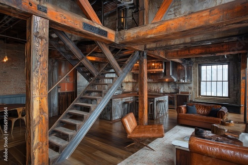 Modern Industrial Loft Interior Design with Exposed Beams, Metal Accents, and Elegant Ambiance, Creating a Chic and Modern Industrial Living Space