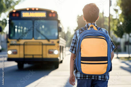 A child wearing a colorful backpack approaches a yellow school bus in the morning light, symbolizing the start of a new school day full of learning and adventure. 