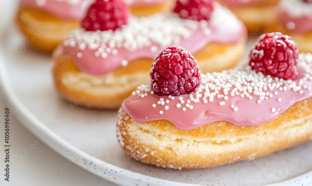 delectable eclairs topped with pink raspberry glaze and sugar sprinkles, Generative AI delectable eclairs topped with pink raspberry glaze and sugar sprinkles, Generative AI