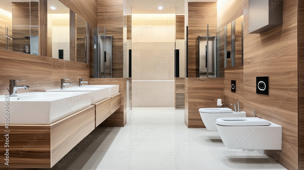 Modern bathroom interior with wooden wall panels, double sinks with chrome faucets, large mirrors, and wall-mounted bidet and toilet on a polished floor. Modern bathroom interior with wooden wall panels, double sinks with chrome faucets, large mirrors, and wall-mounted bidet and toilet on a polished floor.