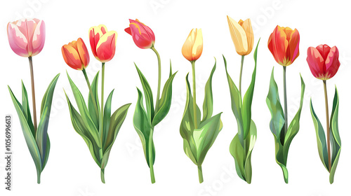 Set of beautiful red and orange spring tulips on white background. Botanical vintage watercolor illustration. Spring composition for greeting cards, holidays 