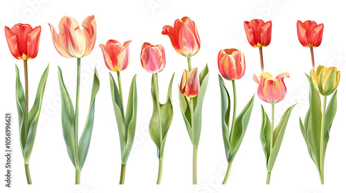 Set of beautiful red and orange spring tulips on white background. Botanical vintage watercolor illustration. Spring composition for greeting cards, holidays 