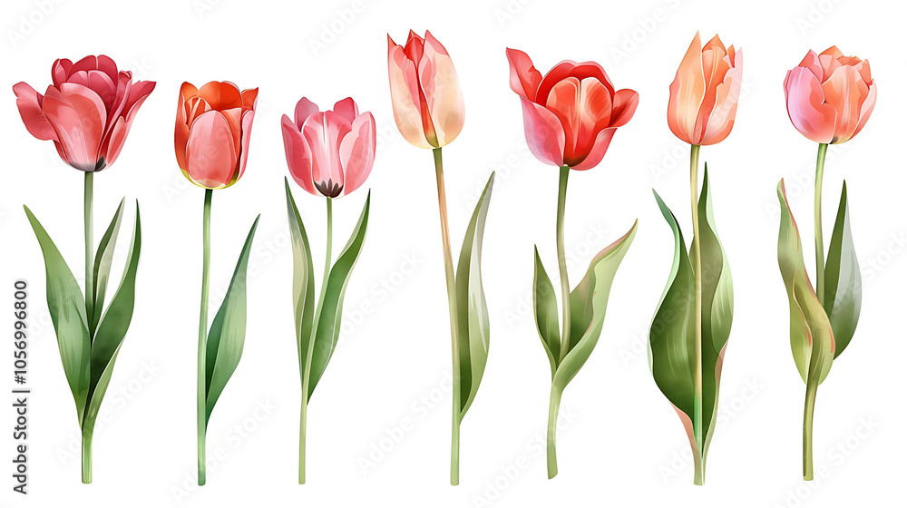 Set of beautiful red and orange spring tulips on white background. Botanical vintage watercolor illustration. Spring composition for greeting cards, holidays 