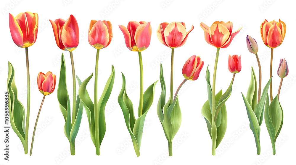 Set of beautiful red and orange spring tulips on white background. Botanical vintage watercolor illustration. Spring composition for greeting cards, holidays Set of beautiful red and orange spring tulips on white background. Botanical vintage watercolor illustration. Spring composition for greeting cards, holidays