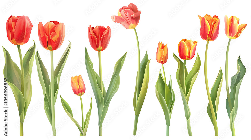 Set of beautiful red and orange spring tulips on white background. Botanical vintage watercolor illustration. Spring composition for greeting cards, holidays Set of beautiful red and orange spring tulips on white background. Botanical vintage watercolor illustration. Spring composition for greeting cards, holidays