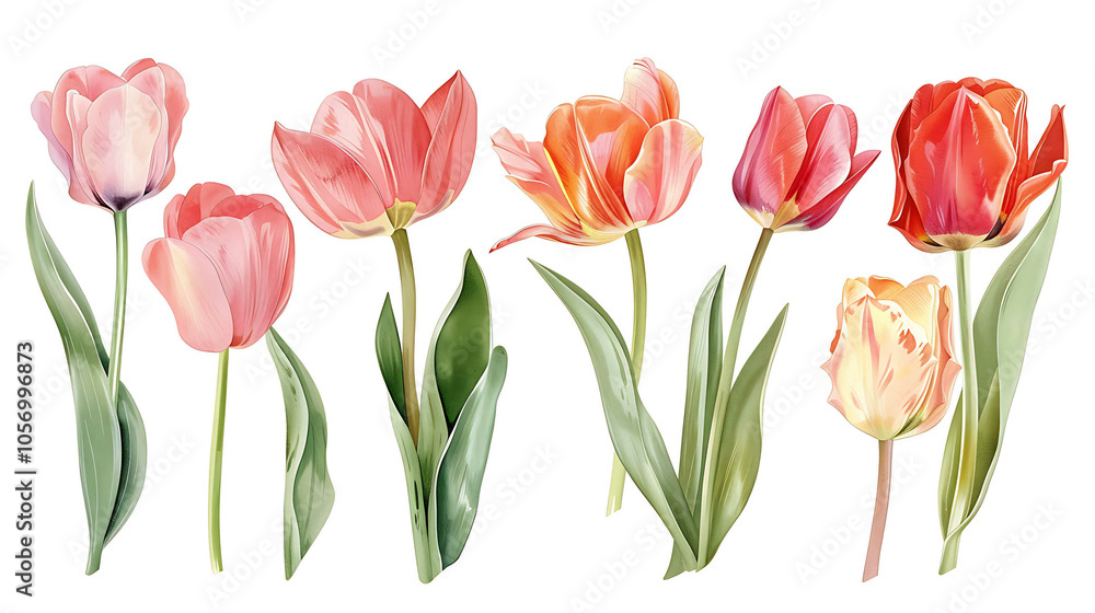 Set of beautiful red and orange spring tulips on white background. Botanical vintage watercolor illustration. Spring composition for greeting cards, holidays Set of beautiful red and orange spring tulips on white background. Botanical vintage watercolor illustration. Spring composition for greeting cards, holidays