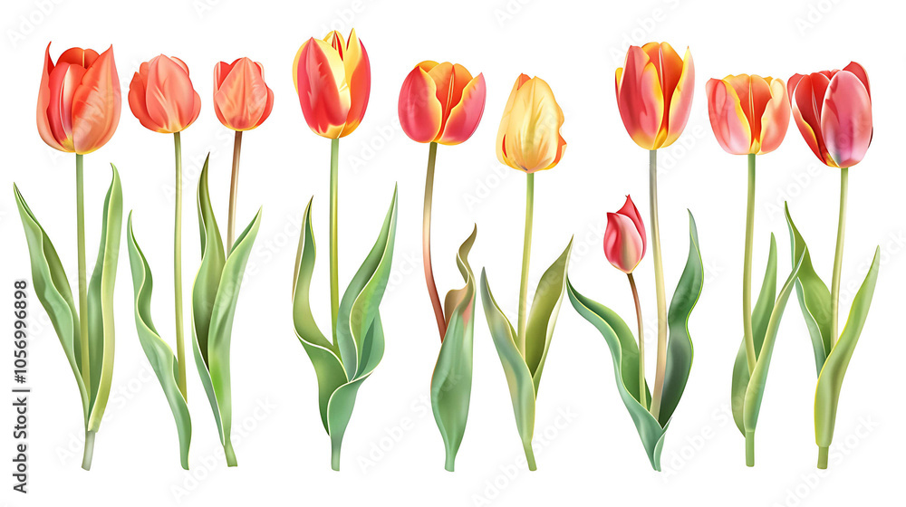 Set of beautiful red and orange spring tulips on white background. Botanical vintage watercolor illustration. Spring composition for greeting cards, holidays Set of beautiful red and orange spring tulips on white background. Botanical vintage watercolor illustration. Spring composition for greeting cards, holidays