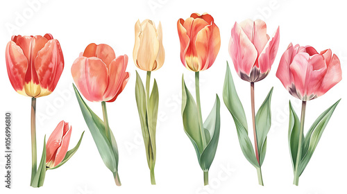 Set of beautiful red and orange spring tulips on white background. Botanical vintage watercolor illustration. Spring composition for greeting cards, holidays 