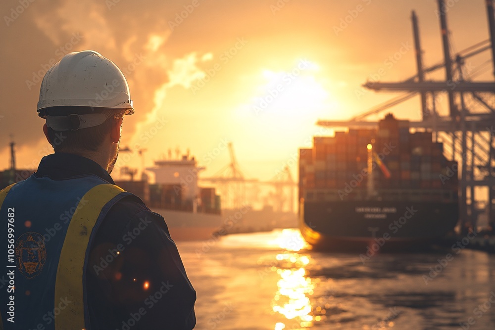As the sun sets on the horizon, a worker in a hard hat gazes out over the port, taking in the silhouettes of cargo ships and cranes illuminated by warm lights. As the sun sets on the horizon, a worker in a hard hat gazes out over the port, taking in the silhouettes of cargo ships and cranes illuminated by warm lights.