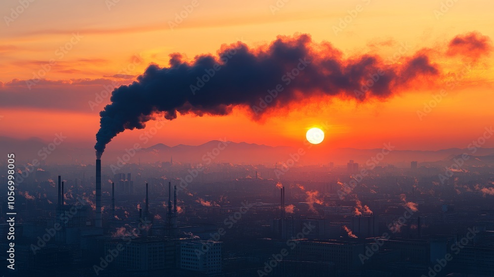 Naklejka premium Industrial Cityscape at Sunset with Smoke Plumes and a Distant Mountain Range