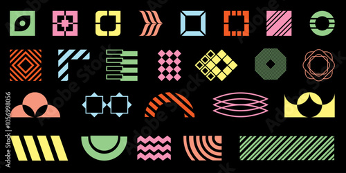 A set of geometric design elements, composed of round, triangular, square, and linear shapes on black background.