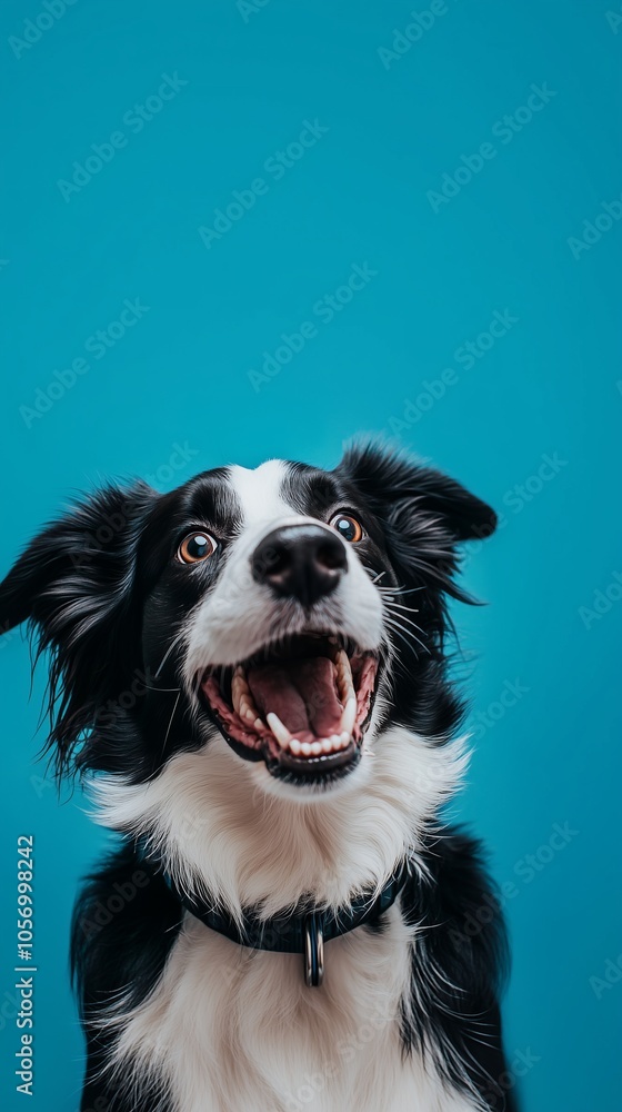 black and white border collie with an excited expression on its face, looking up at the camera against a solid blue background black and white border collie with an excited expression on its face, looking up at the camera against a solid blue background