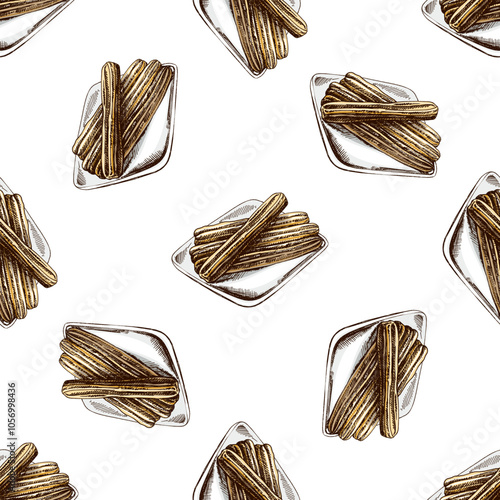 Hand-drawn colored seamless pattern of churos. Vintage drawing of Mexican dessert. Vector black ink outline food illustration. Mexican food, cuisine.