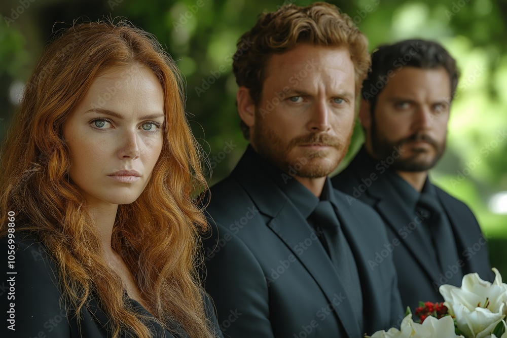 Three people dressed in black stand together looking solemn with a bouquet of lilies in foreground Three people dressed in black stand together looking solemn with a bouquet of lilies in foreground