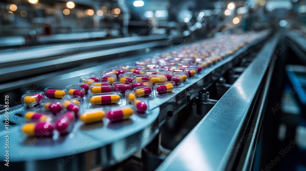 Close-up of Pink and Yellow Capsules Moving on a Conveyor Belt in a Pharmaceutical Factory Close-up of Pink and Yellow Capsules Moving on a Conveyor Belt in a Pharmaceutical Factory