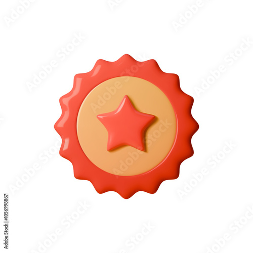 3D vector illustration of red award ribbon with star badge. Clean, modern emblem design for celebrating achievements, victories, or best performance. Perfect for branding, certificates