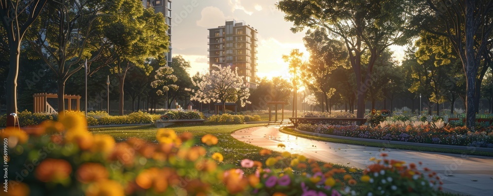 Tranquil Sunset Walkway Through a Lush Urban Park A Collaborative Effort to Create a Serene Oasis Amidst the City Tranquil Sunset Walkway Through a Lush Urban Park A Collaborative Effort to Create a Serene Oasis Amidst the City